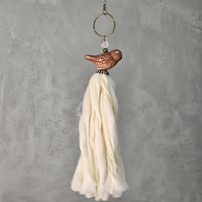 Borla pajarito Khaki cerámica lana cruda-1-chapadeco.com
