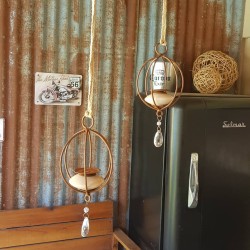 Porta vela Jaula colgante cerámica crudo hierro y caireles Premium-14-chapadeco.com