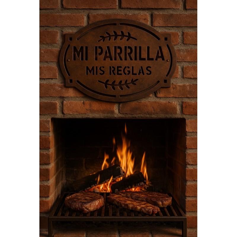 Cartel oxidado de chapa MI PARRILLA MIS REGLAS-1-chapadeco.com