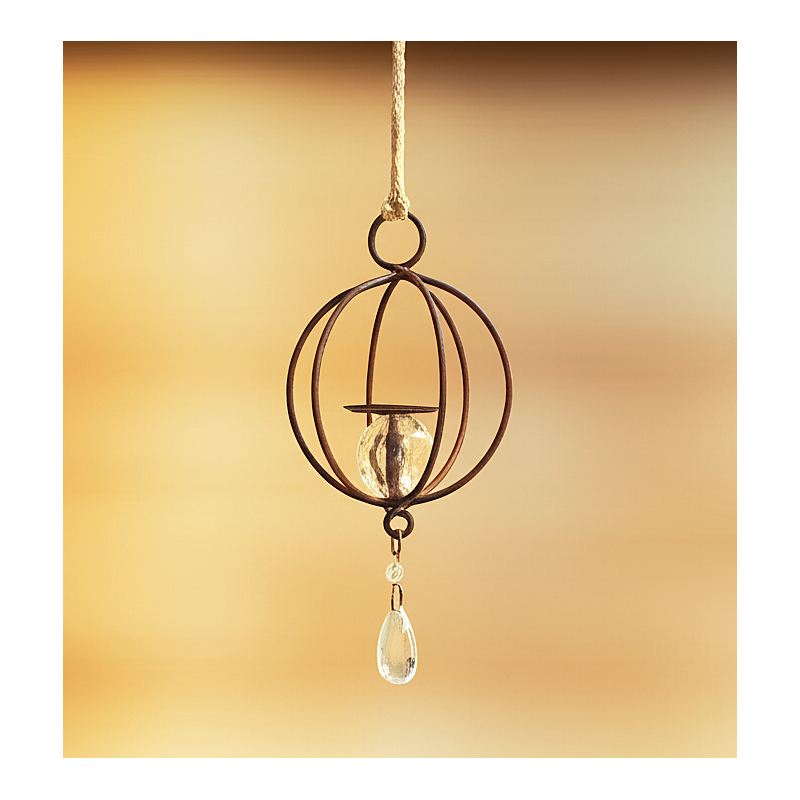 Porta vela Jaula colgante esfera hierro y caireles Premium Porta vela Jaula colgante esfera hierro y caireles Premium