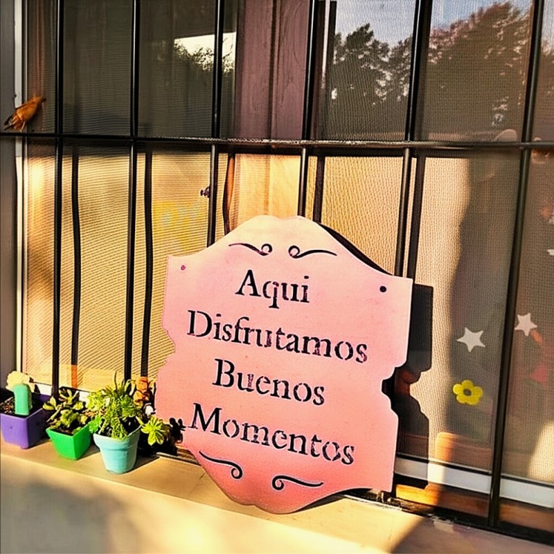 Cartel DISFRUTAMOS MOMENTOS 38x43 chapa oxido premium-1-chapadeco.com