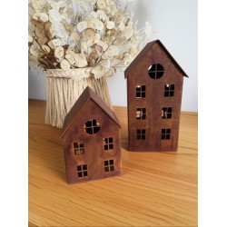 Set Casitas grande + chica decorativa fanal porta vela oxido