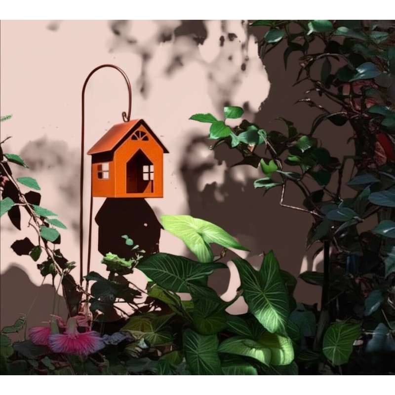 Comedero casita para pájaros II + tutor gancho oxido-1-chapadeco.com