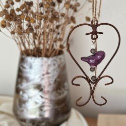Colgante hierro corazón c/pajarito cerámica morado