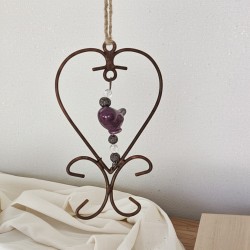 Colgante hierro corazón c/pajarito cerámica morado