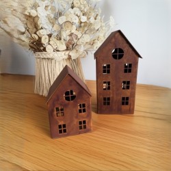Set Casitas grande + chica decorativa fanal porta vela oxido