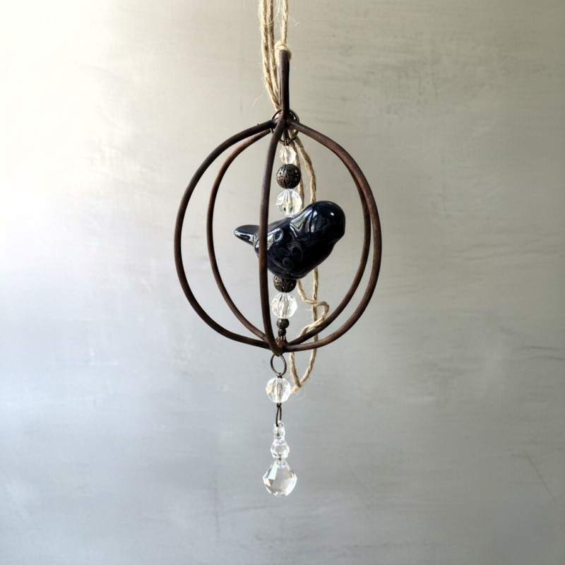 Jaula hierro pajarito cerámico azul oscuro premium