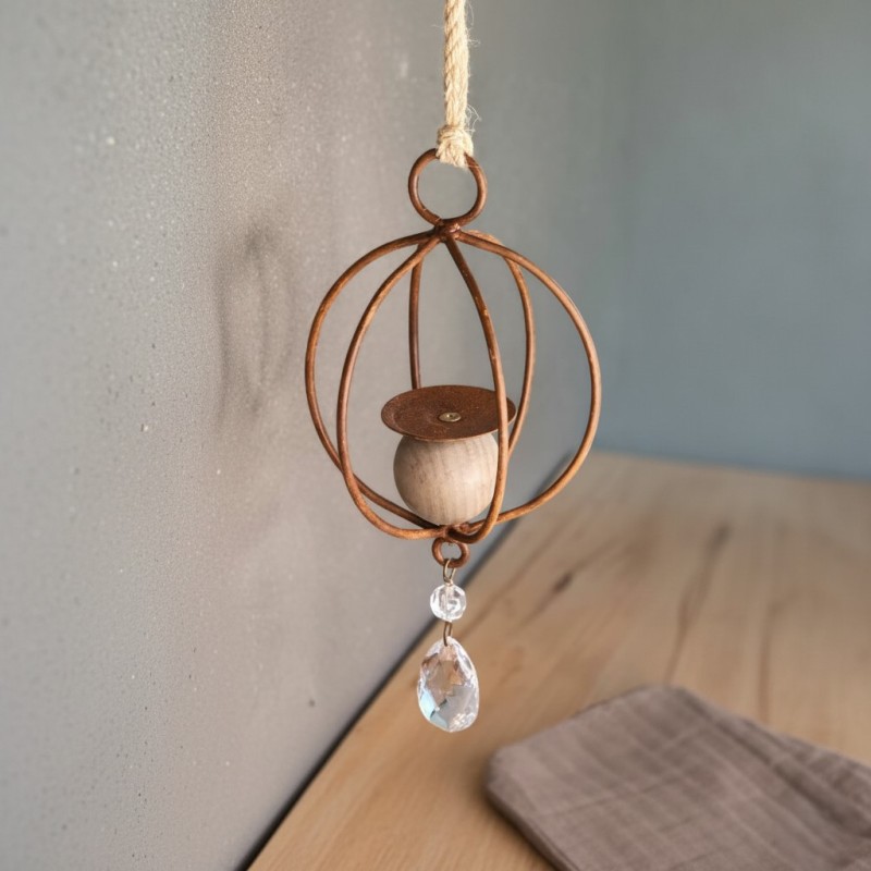 Porta vela Jaula colgante madera hierro y caireles Premium - 1