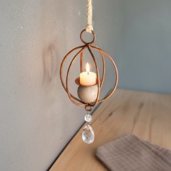 Porta vela Jaula colgante madera hierro y caireles Premium - 2