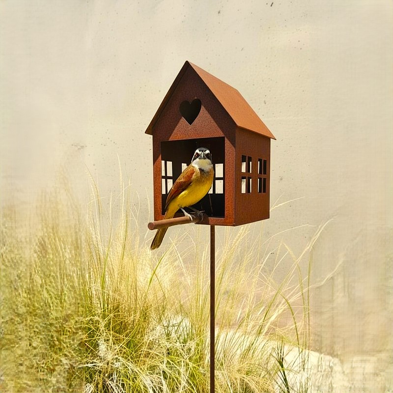 Pincho casita comedero de aves chapa oxido - 1