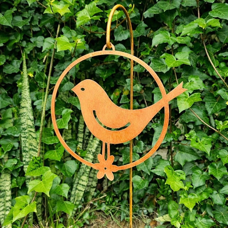 Móvil colgante pajarito sobre flor oxido